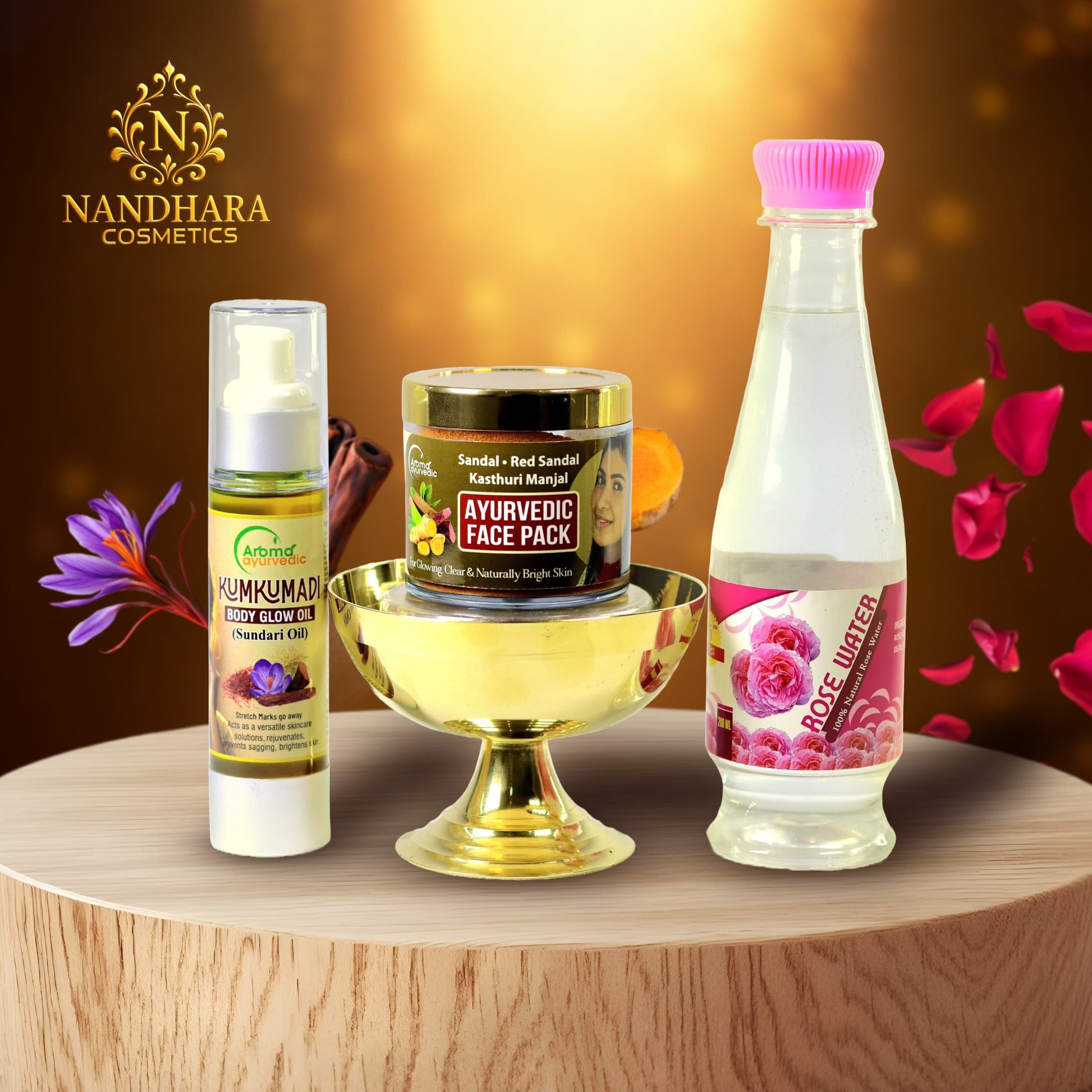Kumkumadi Body Glow Oil (30ml)+Face pack (50gm)+Rose Water (200ml) Combo