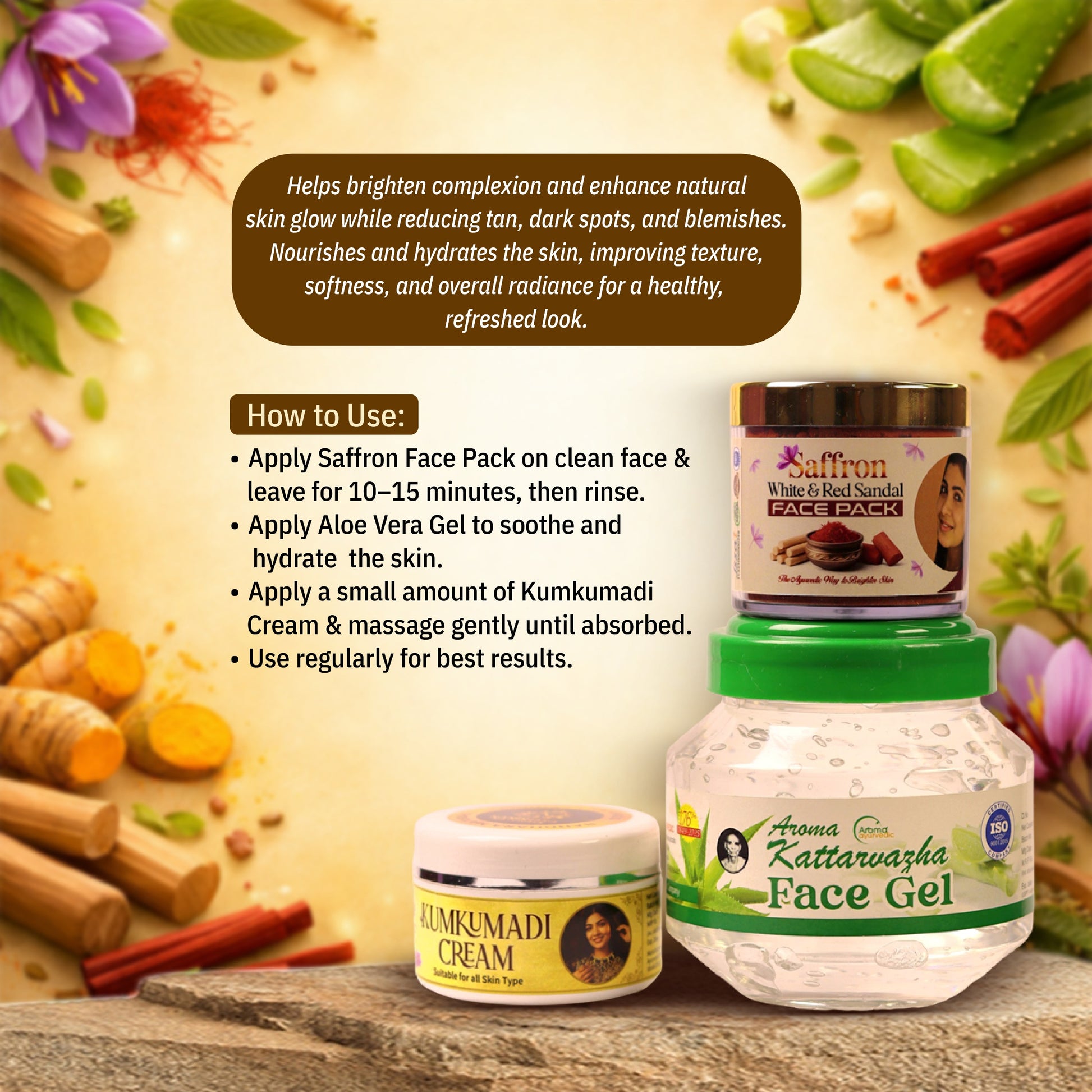 Kumkumadi Cream50gm+aloevera gel 500gm+saffron face pack 50gm ( Combo )