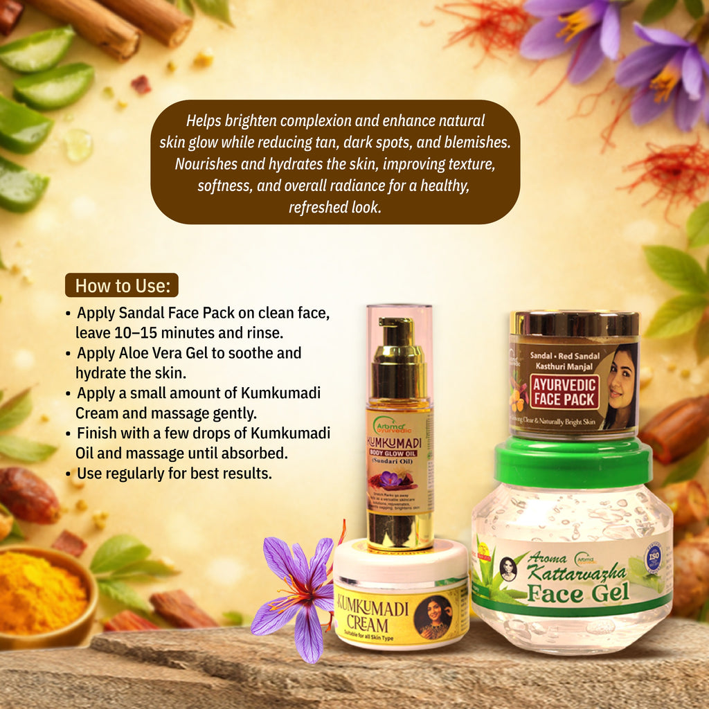 kumkumadi glow oil 30ml+kumkumadi cream 50gm redsandal kasthurimanjal face pack+aloevera gel 500gm