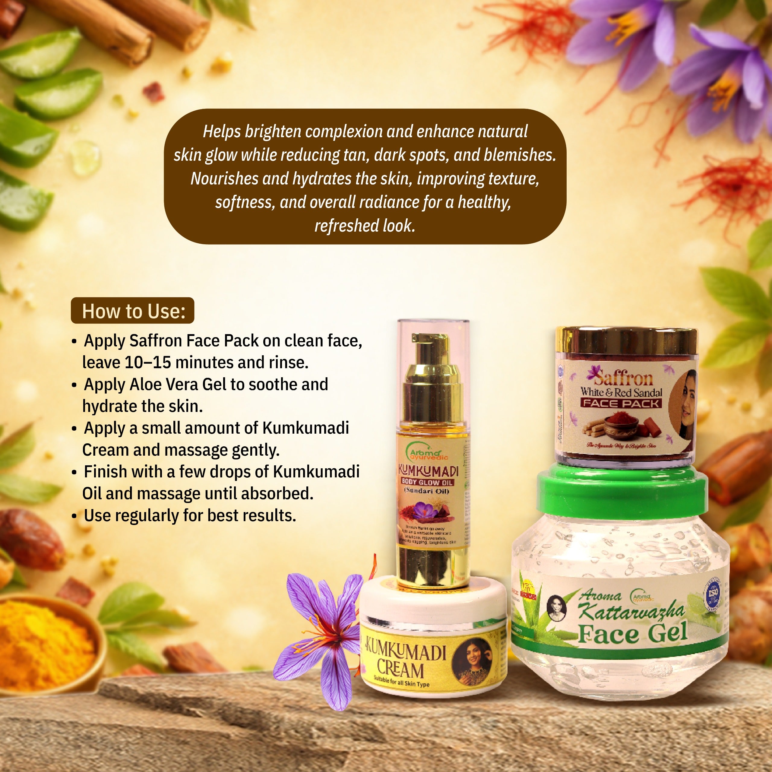 kumkumadi glow oil 30ml+ kumkumadi cream 50gm+saffron face pack+aloevera gel 500gm