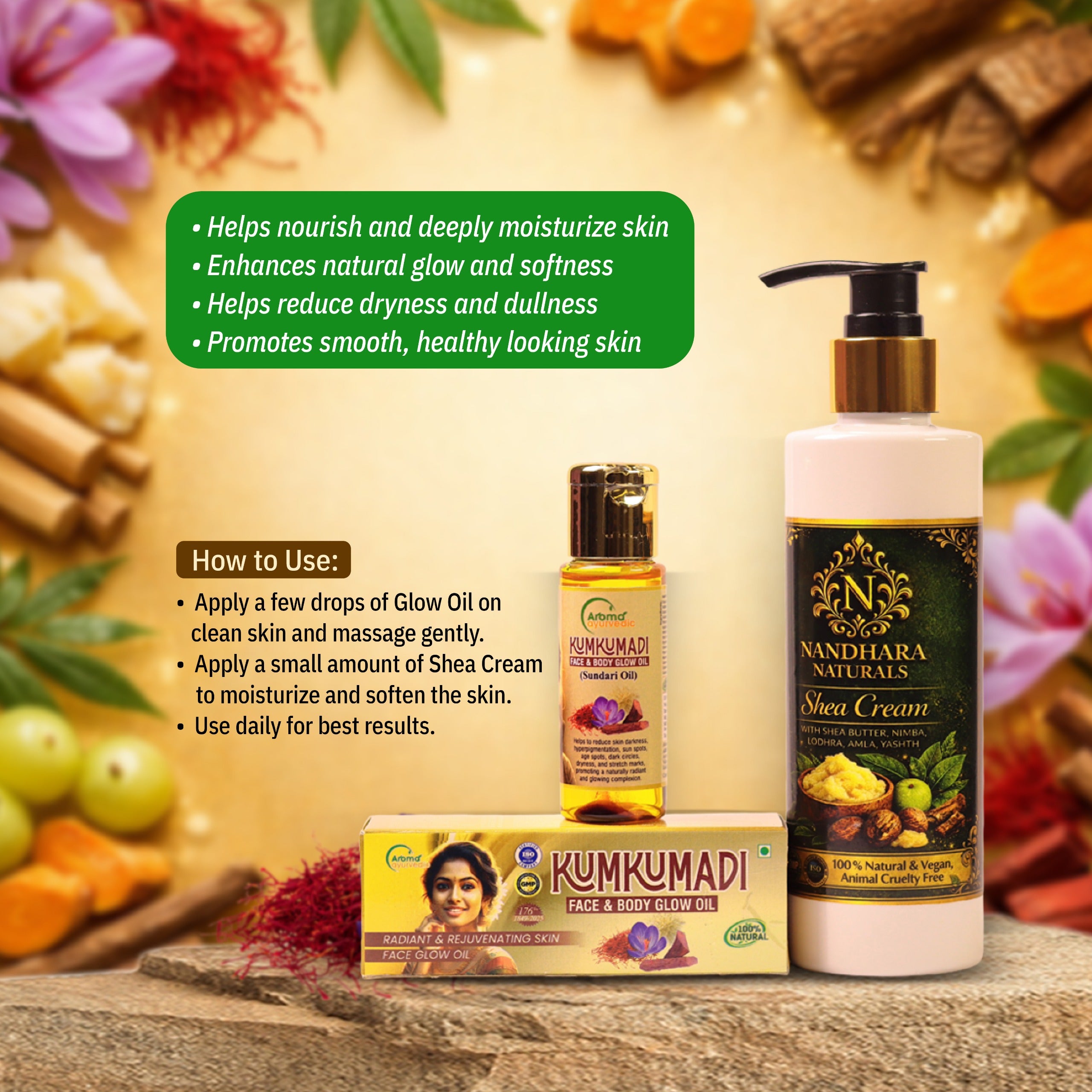 nandhara kumkumadi glow oil 30ml+nandhara shera cream 200gm