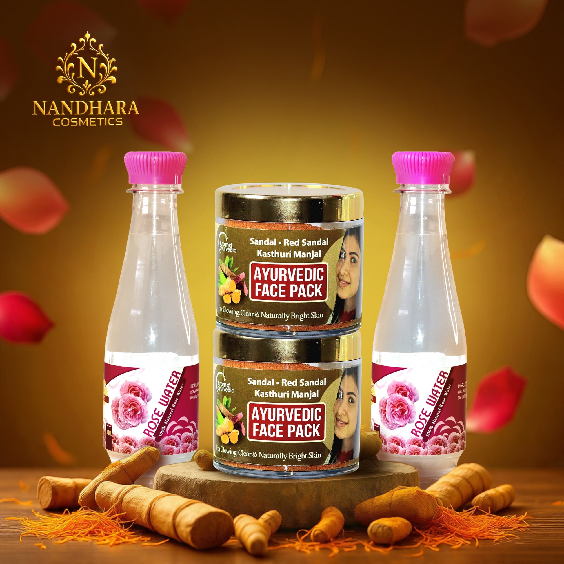 Sandal, Red Sandal, Kasthuri Manjal Ayurvedic Face Pack (50gm x 2)+Rose water (200ml x 2) Combo