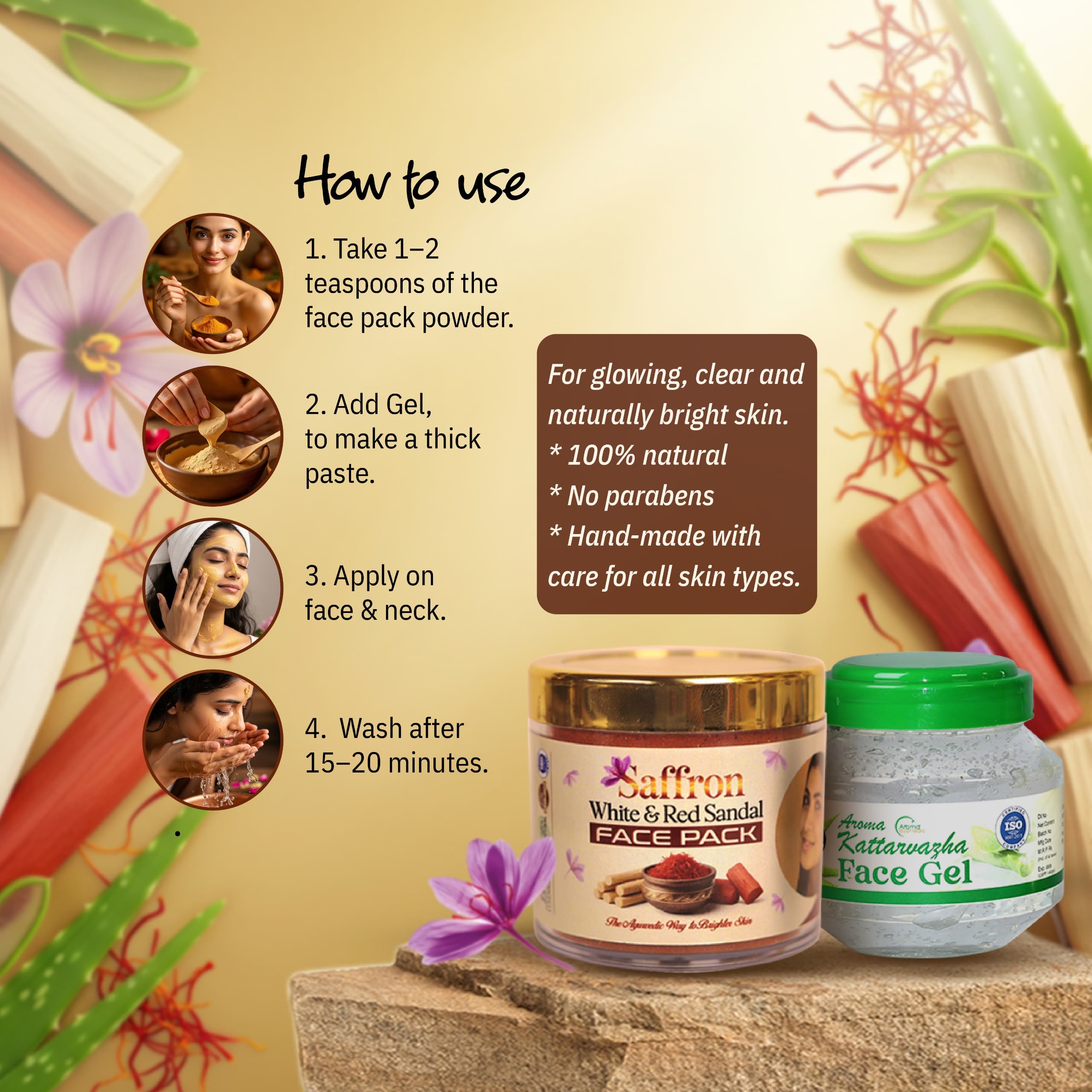 Saffron  White & Red Sandal Facepack(50gm) & Aloe vera Face Gel(500gm) Combo