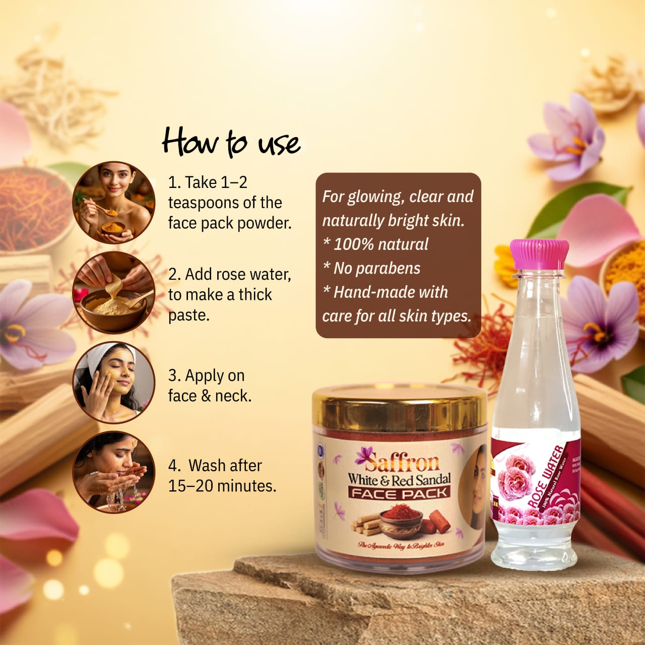Saffron White & Red Sandal Facepack (50gm) +Rose Water(200ml) Combo