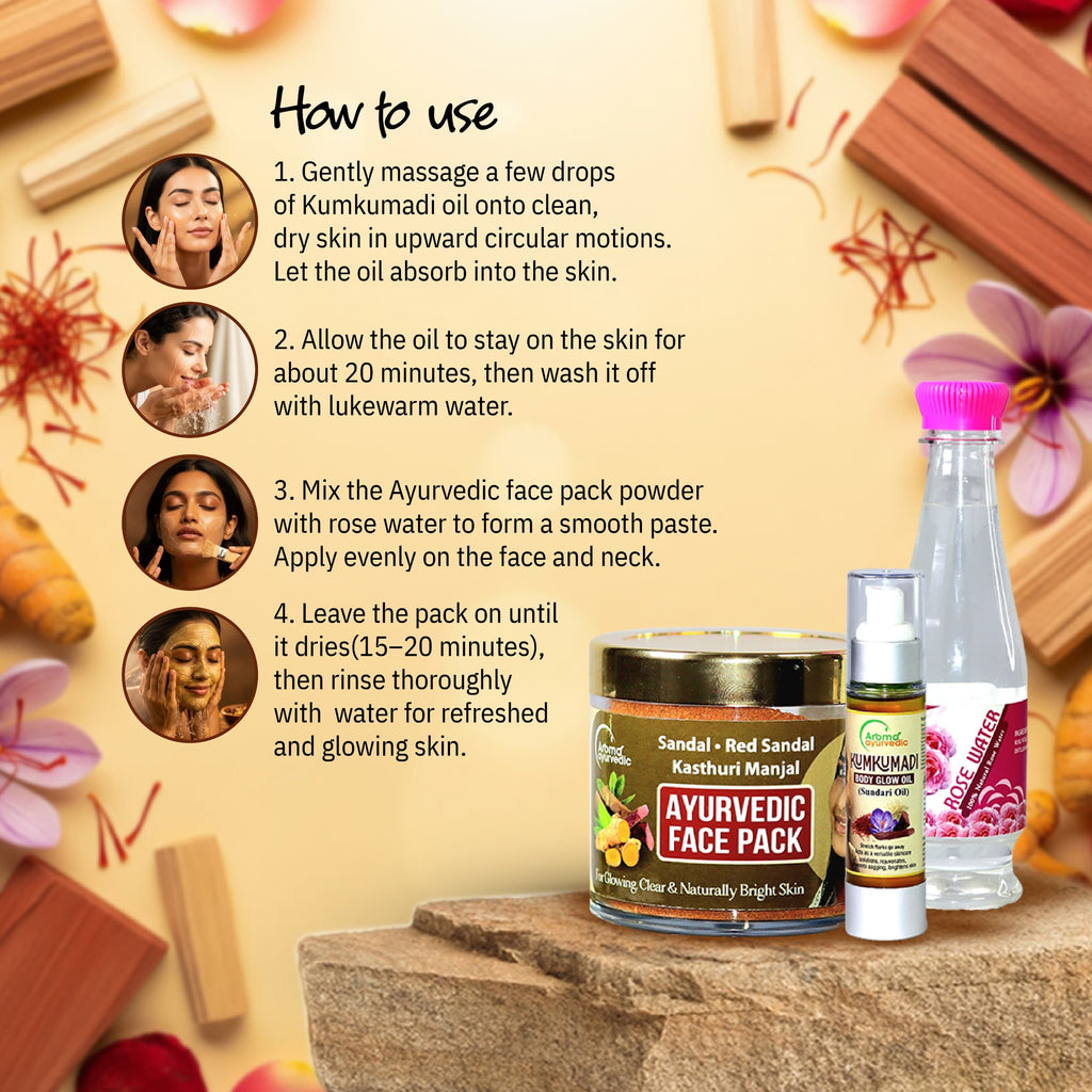 Kumkumadi Oil (50ml)+Face Pack(50gm)+ Rose Water(200ml) (Combo)